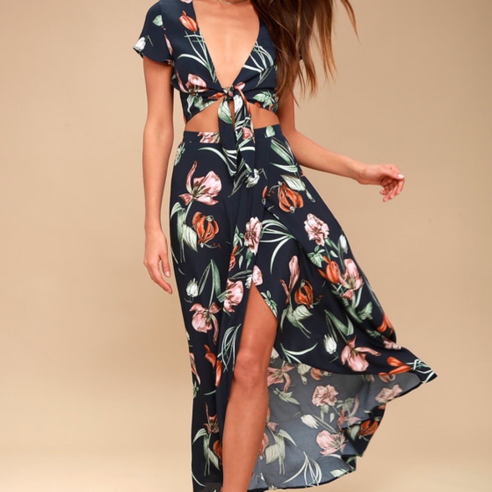 Lulus Magdalena Navy Blue Floral Print Two-piece Maxi Dress - Size Small